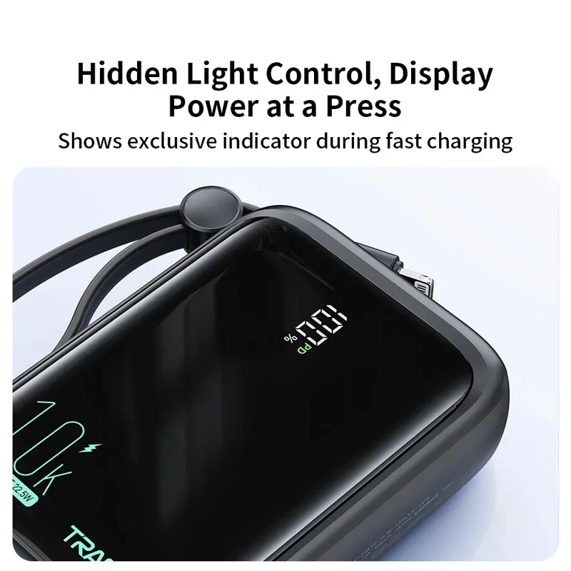 TRANYOO T-K14 Digital Display Power Bank 10000mAh Fast Charging Portable Charger Built-in Type-C + iP Cables