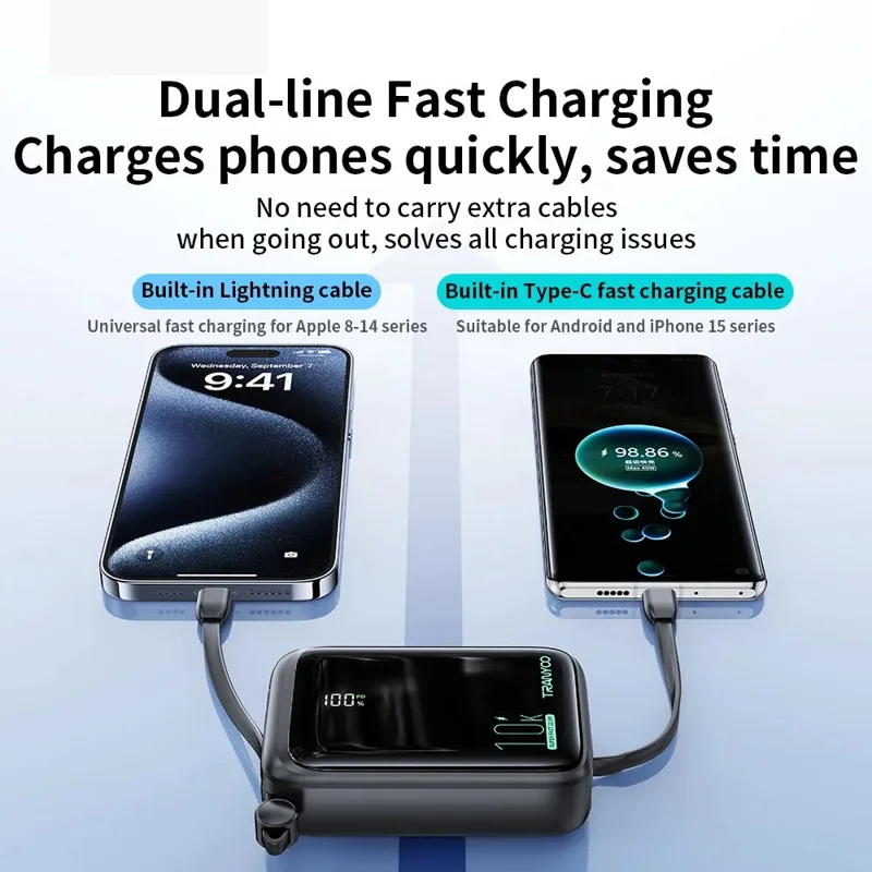TRANYOO T-K14 Digital Display Power Bank 10000mAh Fast Charging Portable Charger Built-in Type-C + iP Cables