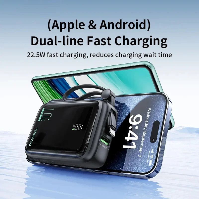 TRANYOO T-K14 Digital Display Power Bank 10000mAh Fast Charging Portable Charger Built-in Type-C + iP Cables