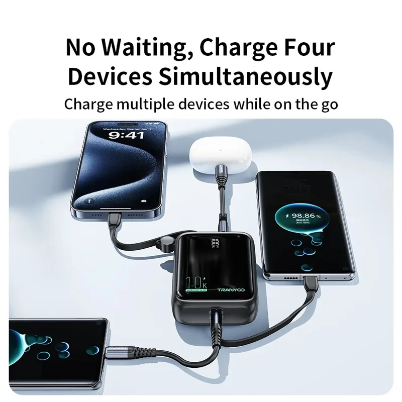 TRANYOO T-K14 Digital Display Power Bank 10000mAh Fast Charging Portable Charger Built-in Type-C + iP Cables