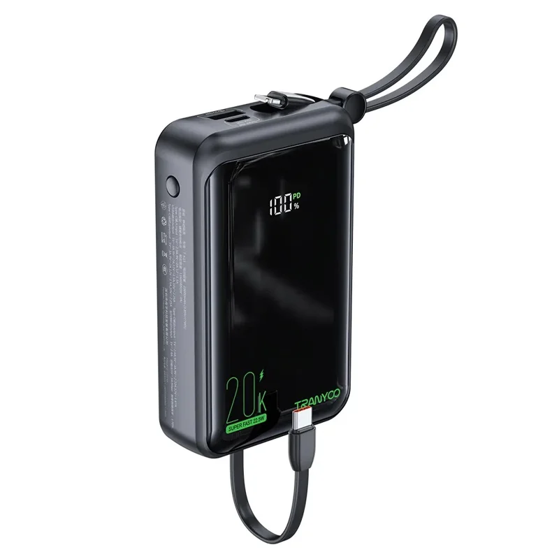 TRANYOO T-K15 Digital Display Power Bank 20000mAh Fast Charging Portable Charger Built-in Type-C + iP Cables