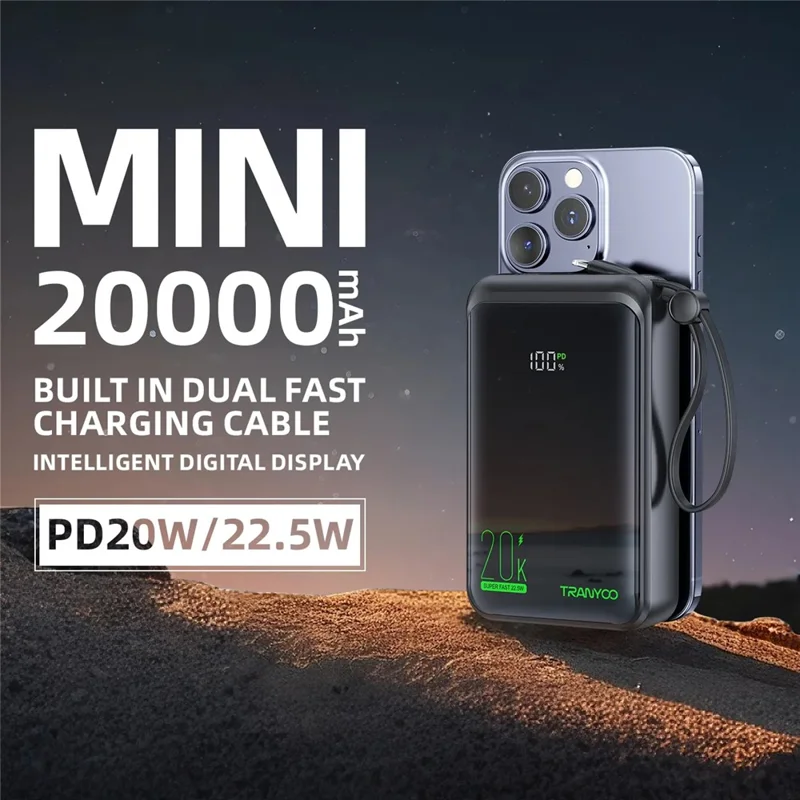 TRANYOO T-K15 Digital Display Power Bank 20000mAh Fast Charging Portable Charger Built-in Type-C + iP Cables