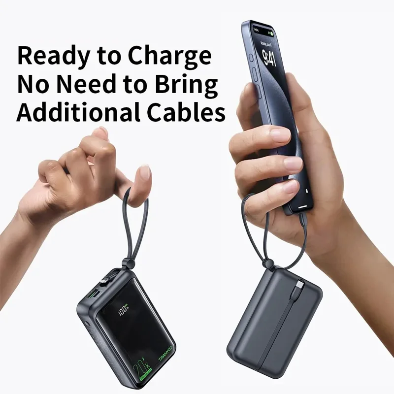 TRANYOO T-K15 Digital Display Power Bank 20000mAh Fast Charging Portable Charger Built-in Type-C + iP Cables