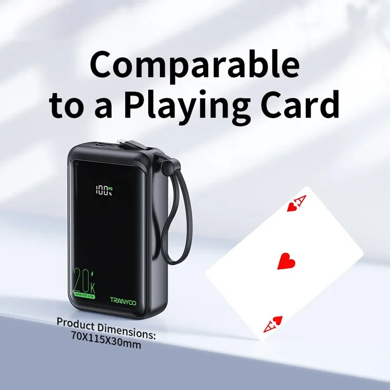 TRANYOO T-K15 Digital Display Power Bank 20000mAh Fast Charging Portable Charger Built-in Type-C + iP Cables