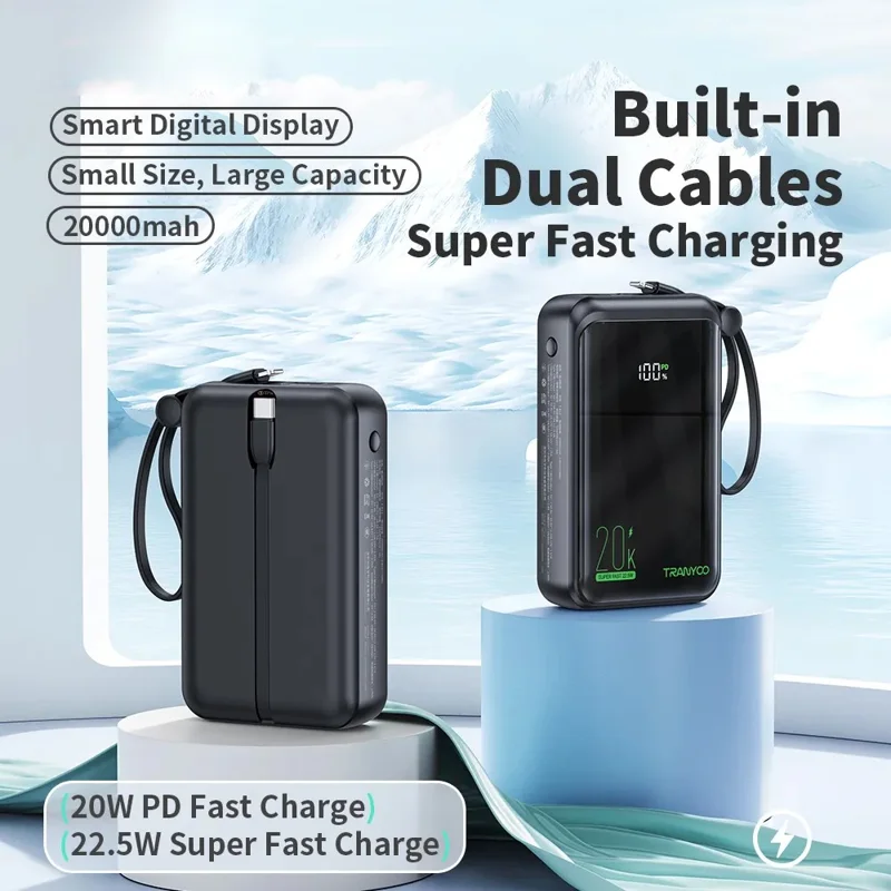 TRANYOO T-K15 Digital Display Power Bank 20000mAh Fast Charging Portable Charger Built-in Type-C + iP Cables