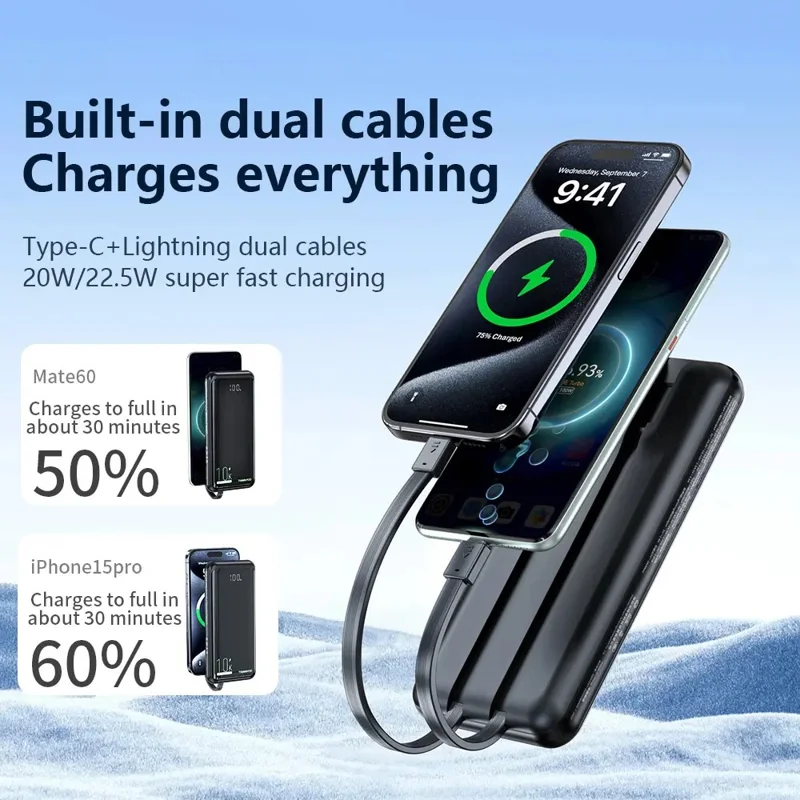 TRANYOO T-K16 10000mAh Portable Charger Fast Charging Power Bank Built-in Type-C + iP Cables