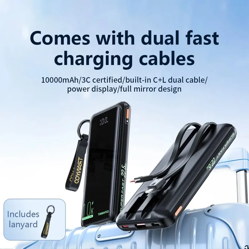TRANYOO T-K16 10000mAh Portable Charger Fast Charging Power Bank Built-in Type-C + iP Cables