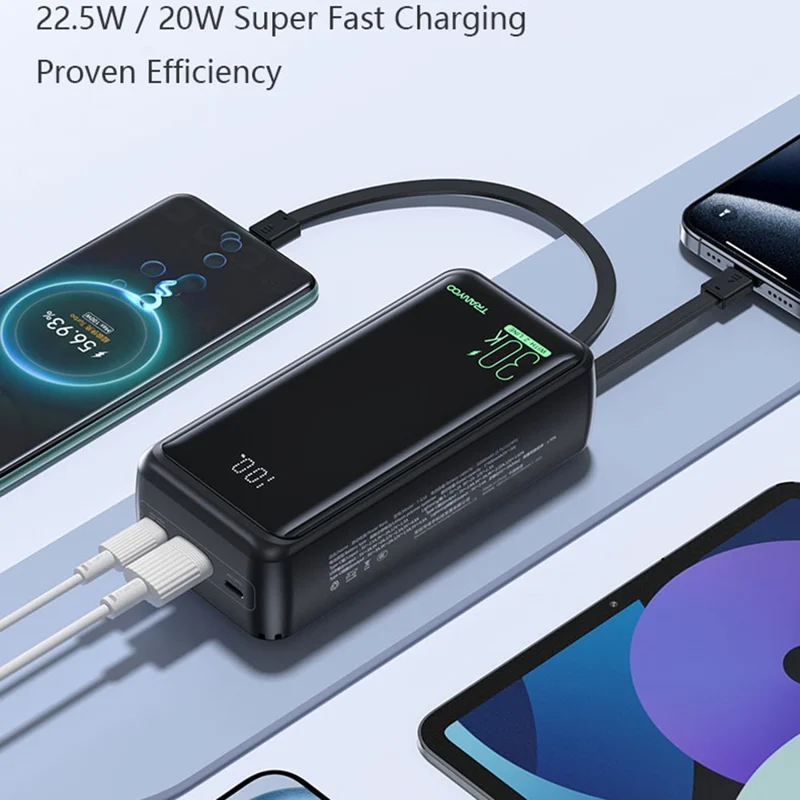 TRANYOO T-K18 30000mAh Portable Charger Fast Charging Power Bank Built-in Type-C + iP Cables