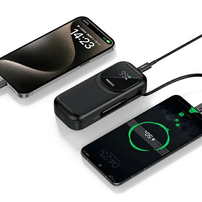 RECCI PB-P47 10000mAh LED Display Power Bank 22.5W Fast Charging Portable Charger with Retractable Cable - Black