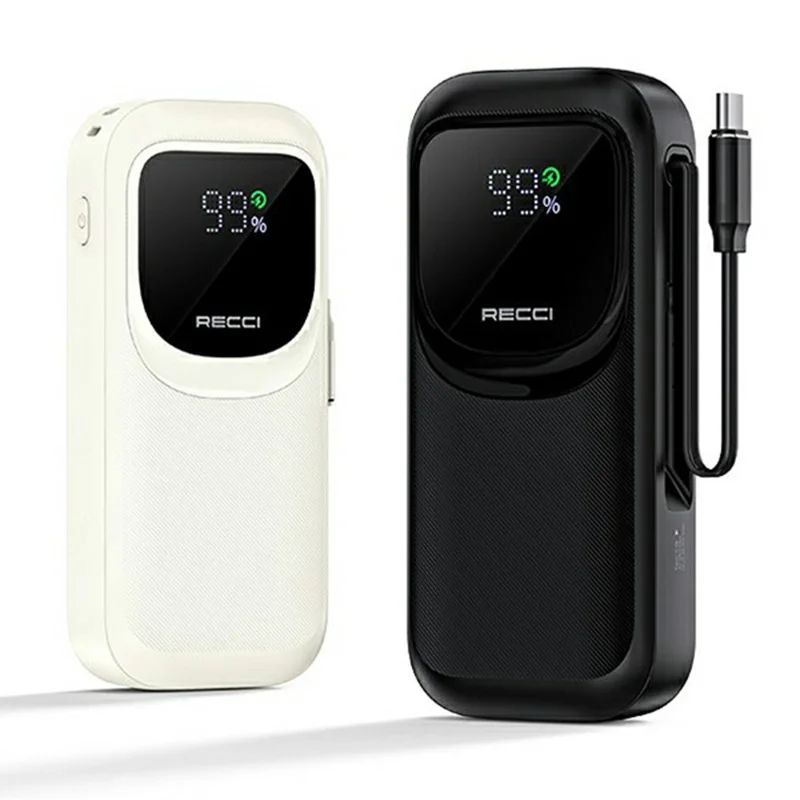 RECCI PB-P47 10000mAh LED Display Power Bank 22.5W Fast Charging Portable Charger with Retractable Cable - Black