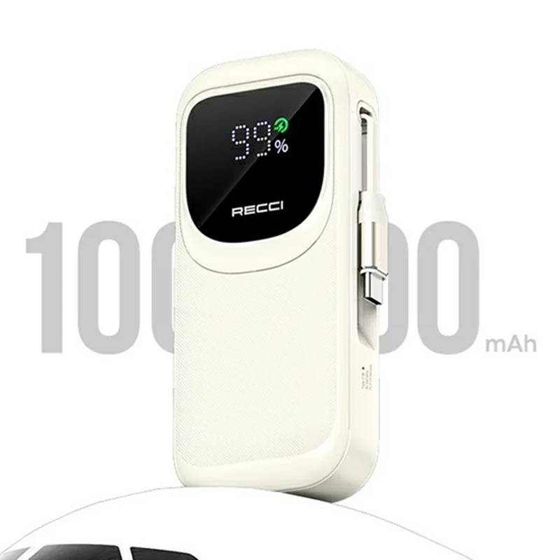 RECCI PB-P47 10000mAh LED Display Power Bank 22.5W Fast Charging Portable Charger with Retractable Cable - Black