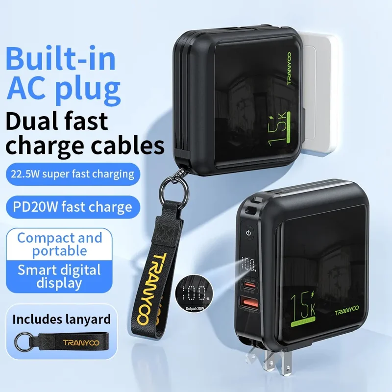 TRANYOO T-K20 15000mAh Power Bank LED Display Fast Charging Portable Charger Built-in iP + Type-C Cable