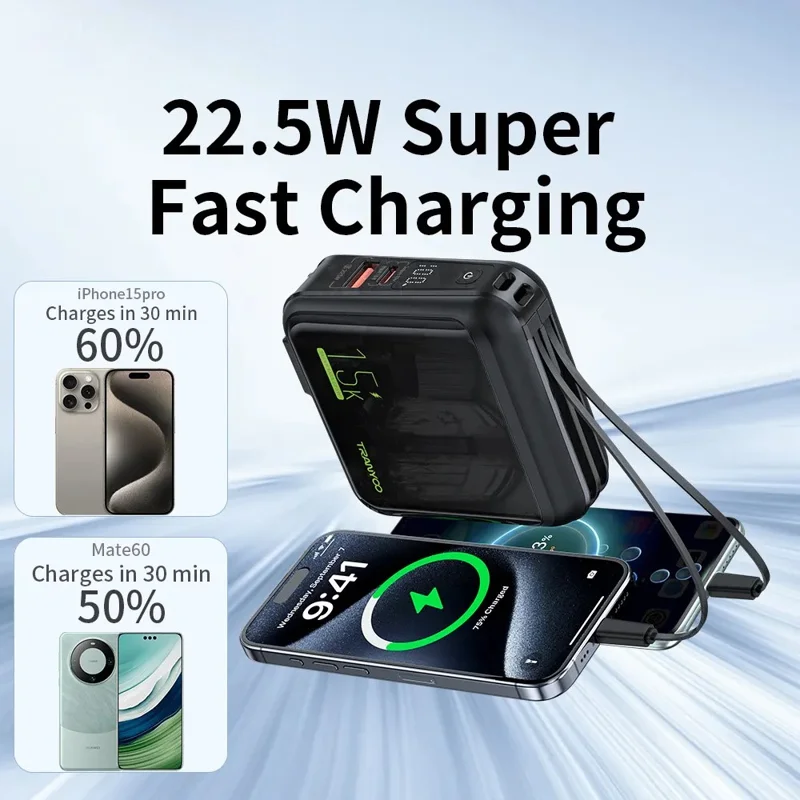 TRANYOO T-K20 15000mAh Power Bank LED Display Fast Charging Portable Charger Built-in iP + Type-C Cable