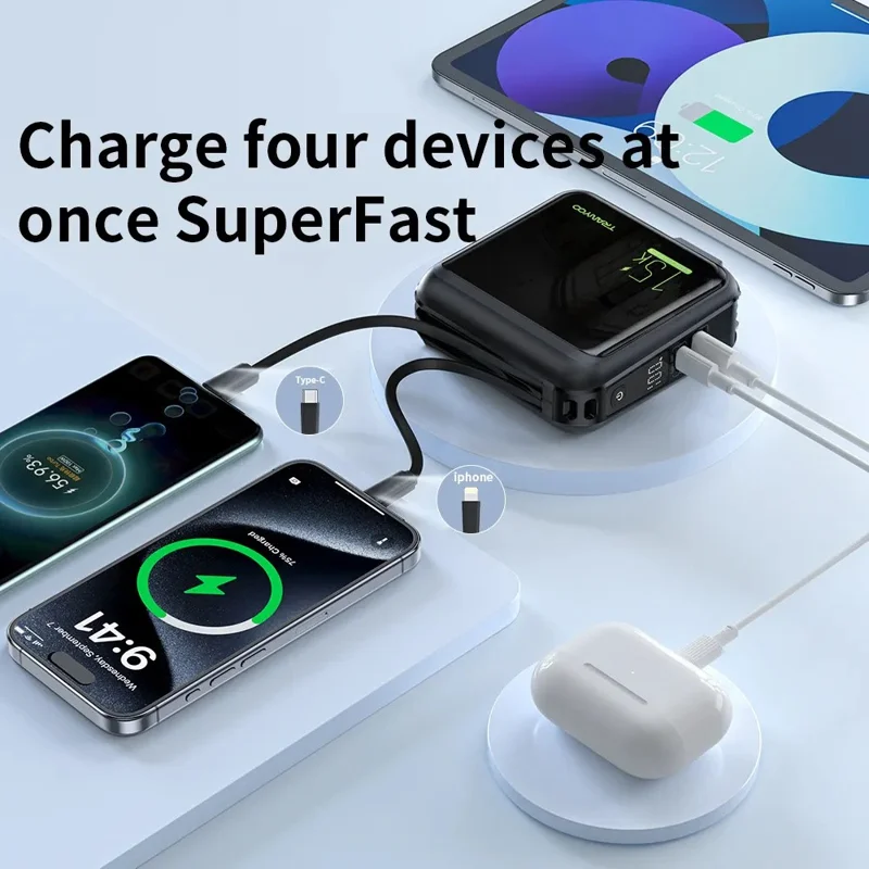 TRANYOO T-K20 15000mAh Power Bank LED Display Fast Charging Portable Charger Built-in iP + Type-C Cable