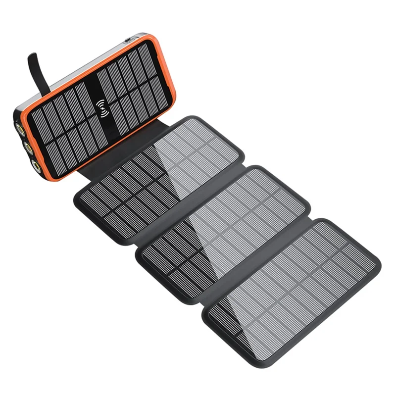 SY-L3S4W PD 20 W 16000 mAh foldbar solpanel powerbank trådløs oplader telefon ekstern batteri med indbygget Lightning / Type-C / USB-kabel - Sort + Orange