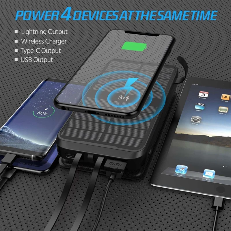 SY-L3S4W PD 20 W 16000 mAh foldbar solpanel powerbank trådløs oplader telefon ekstern batteri med indbygget Lightning / Type-C / USB-kabel - Sort + Orange