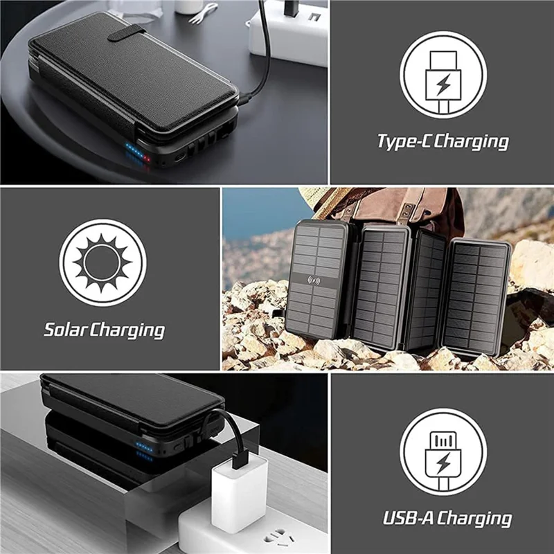 SY-L3S4W PD 20 W 16000 mAh foldbar solpanel powerbank trådløs oplader telefon ekstern batteri med indbygget Lightning / Type-C / USB-kabel - Sort + Orange