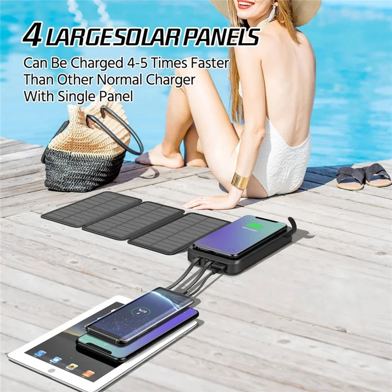 SY-L3S4W PD 20 W 16000 mAh foldbar solpanel powerbank trådløs oplader telefon ekstern batteri med indbygget Lightning / Type-C / USB-kabel - Sort + Orange