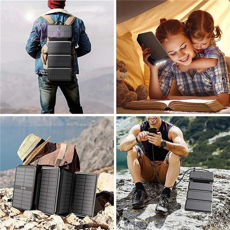 SY-L3S4W PD 20 W 16000 mAh foldbar solpanel powerbank trådløs oplader telefon ekstern batteri med indbygget Lightning / Type-C / USB-kabel - Sort + Orange
