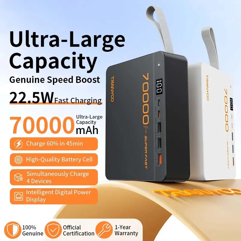 TRANYOO T-F17 70000mAh Портативное зарядное устройство высокой емкости PD 22.5W Быстрая зарядка Power Bank - Черный