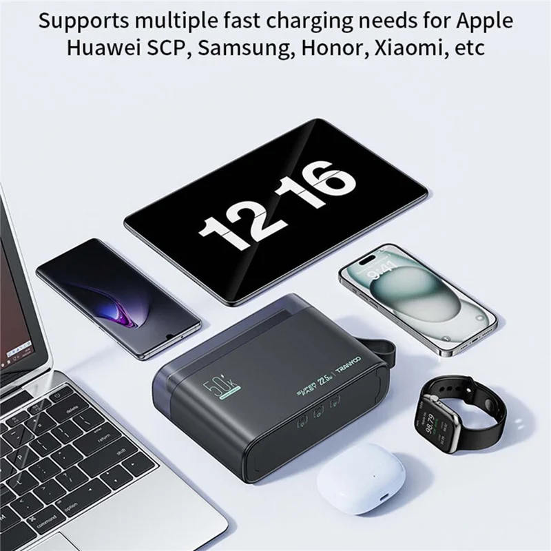 TRANYOO T-L5 50000mAh PD 22.5W Power Bank Portable Fast Charging LED Display Charger with USB and Type-C Ports - Black