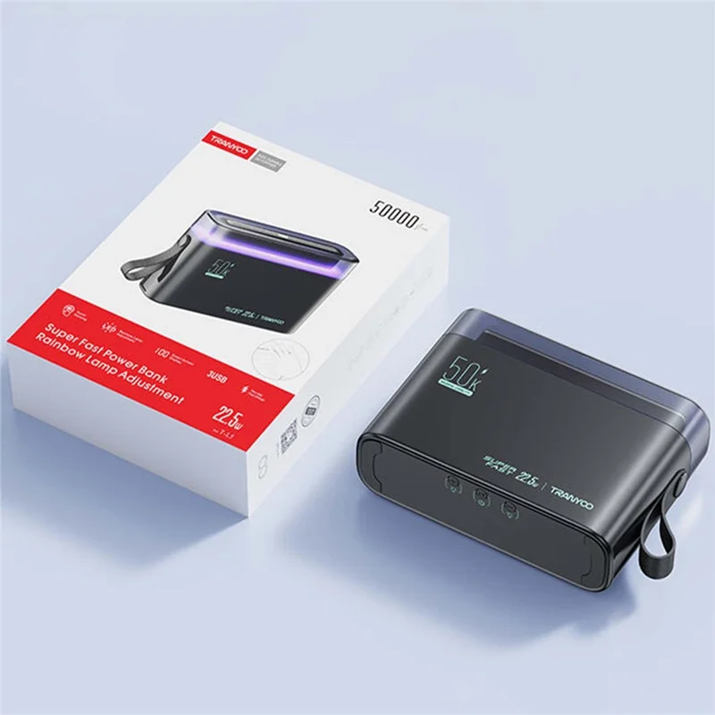 TRANYOO T-L5 50000mAh PD 22.5W Power Bank Portable Fast Charging LED Display Charger with USB and Type-C Ports - Black