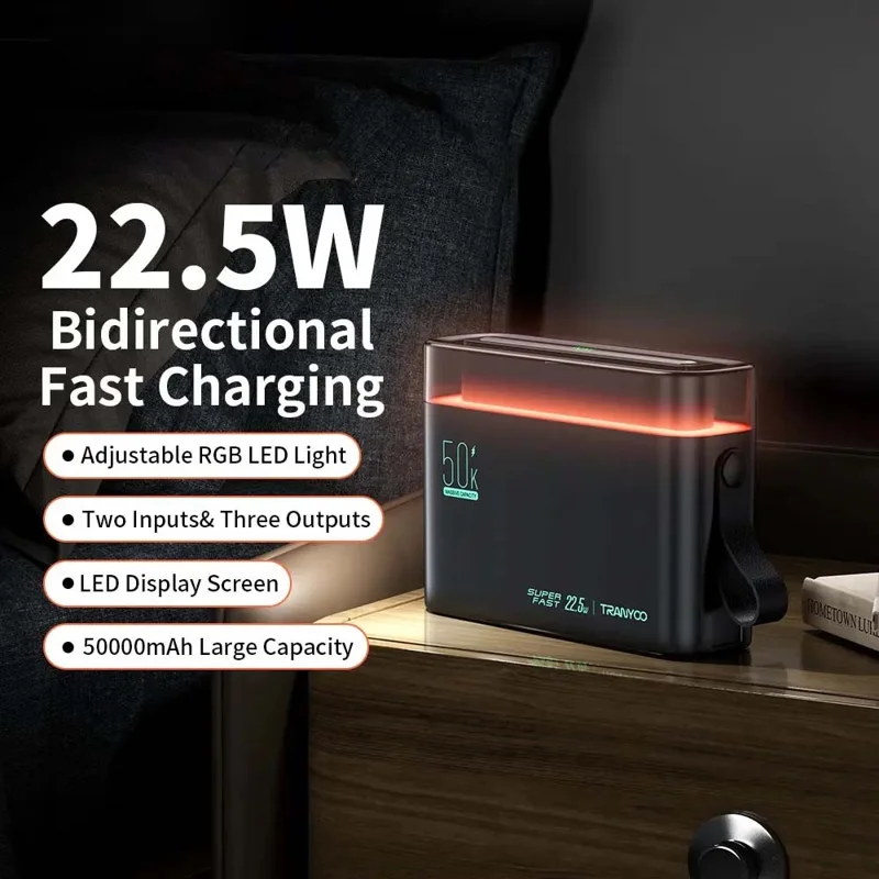TRANYOO T-L5 50000mAh PD 22.5W Power Bank Portable Fast Charging LED Display Charger with USB and Type-C Ports - Black
