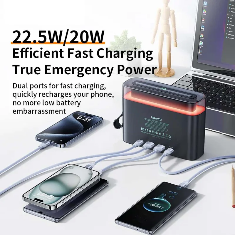 TRANYOO T-L5 50000mAh PD 22.5W Power Bank Portable Fast Charging LED Display Charger with USB and Type-C Ports - Black