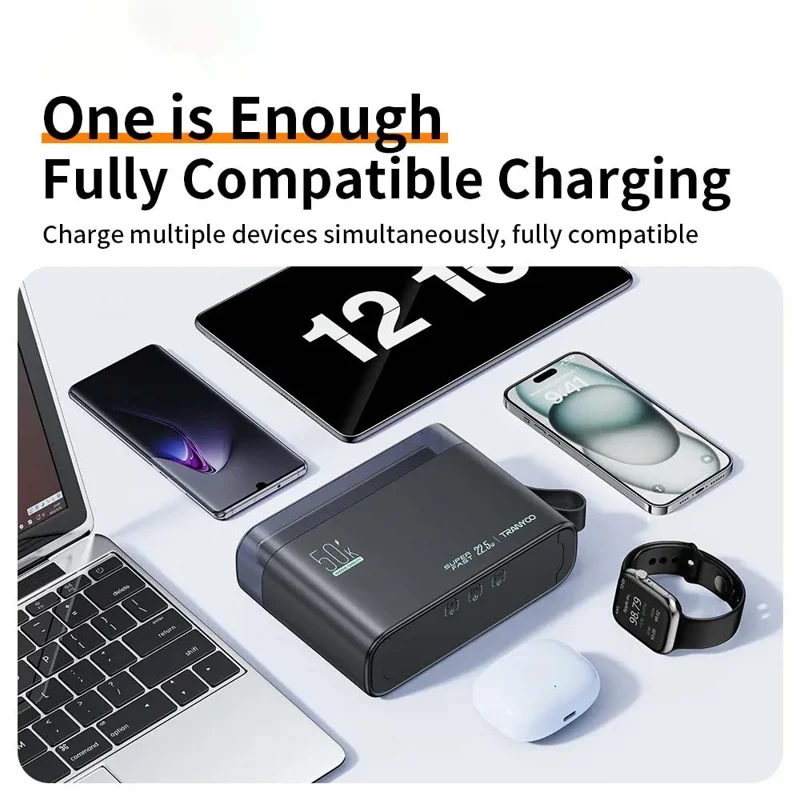 TRANYOO T-L5 50000mAh PD 22.5W Power Bank Portable Fast Charging LED Display Charger with USB and Type-C Ports - Black