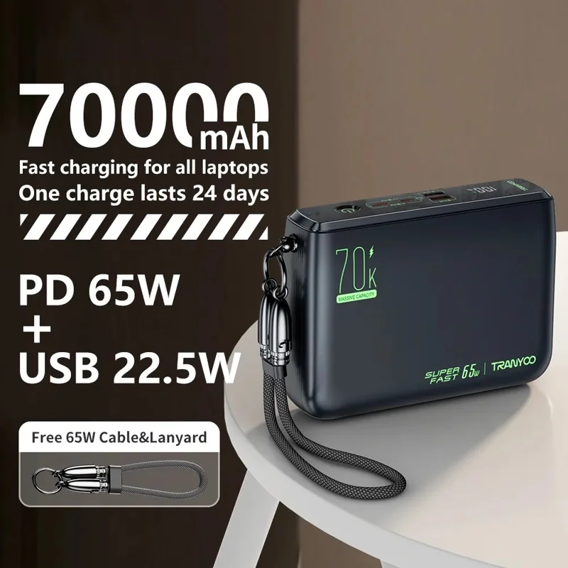 TRANYOO T-L7 70000mAh Power Bank PD 65W Caricabatterie Ricarica Rapida Capacità Elevata Lunga Durata - Nero