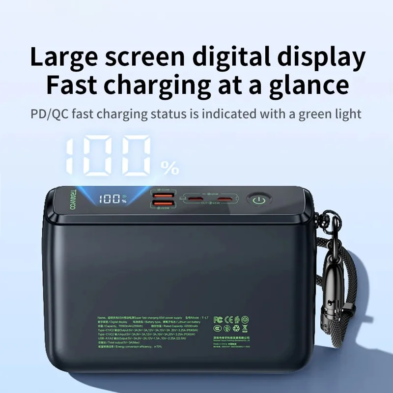 TRANYOO T-L7 70000mAh Power Bank PD 65W Caricabatterie Ricarica Rapida Capacità Elevata Lunga Durata - Nero