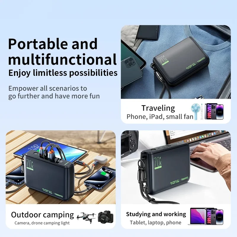 TRANYOO T-L7 70000mAh Power Bank PD 65W Caricabatterie Ricarica Rapida Capacità Elevata Lunga Durata - Nero