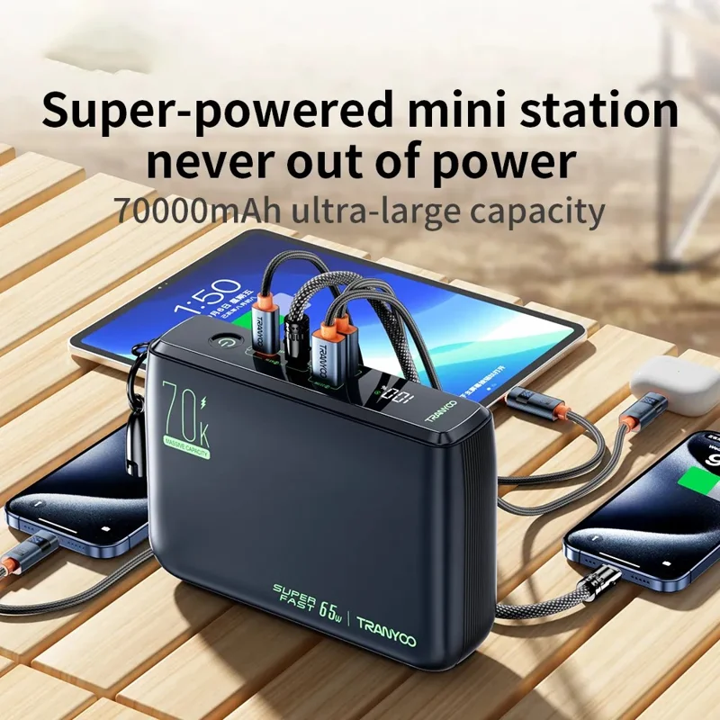 TRANYOO T-L7 70000mAh Power Bank PD 65W Caricabatterie Ricarica Rapida Capacità Elevata Lunga Durata - Nero