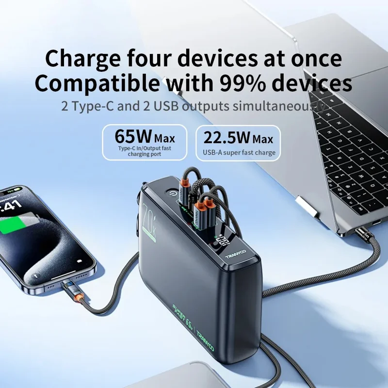 TRANYOO T-L7 70000mAh Power Bank PD 65W Caricabatterie Ricarica Rapida Capacità Elevata Lunga Durata - Nero