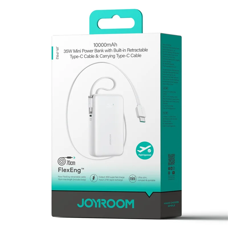 JOYROOM JR-PR2 Power Bank 10000mAh 35W Ricarica Rapida Dual Retractable Type-C Cavi Mini Caricabatterie Portatile - Bianco