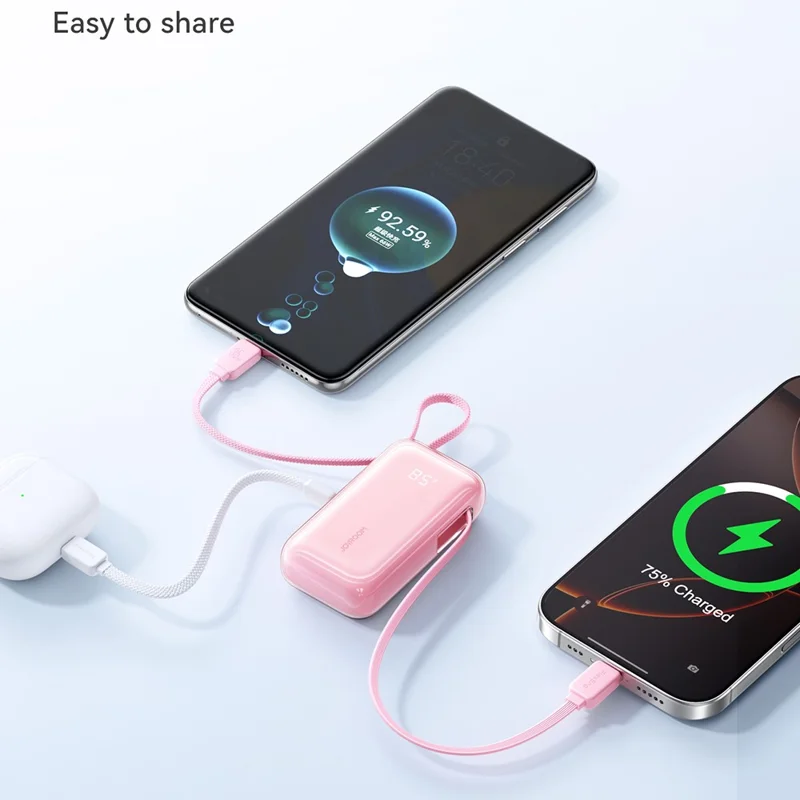 JOYROOM JR-PR2L 10000mAh Mini Power Bank 35W Fast Charging with Retractable iP + Type-C Cables Portable Charger - White