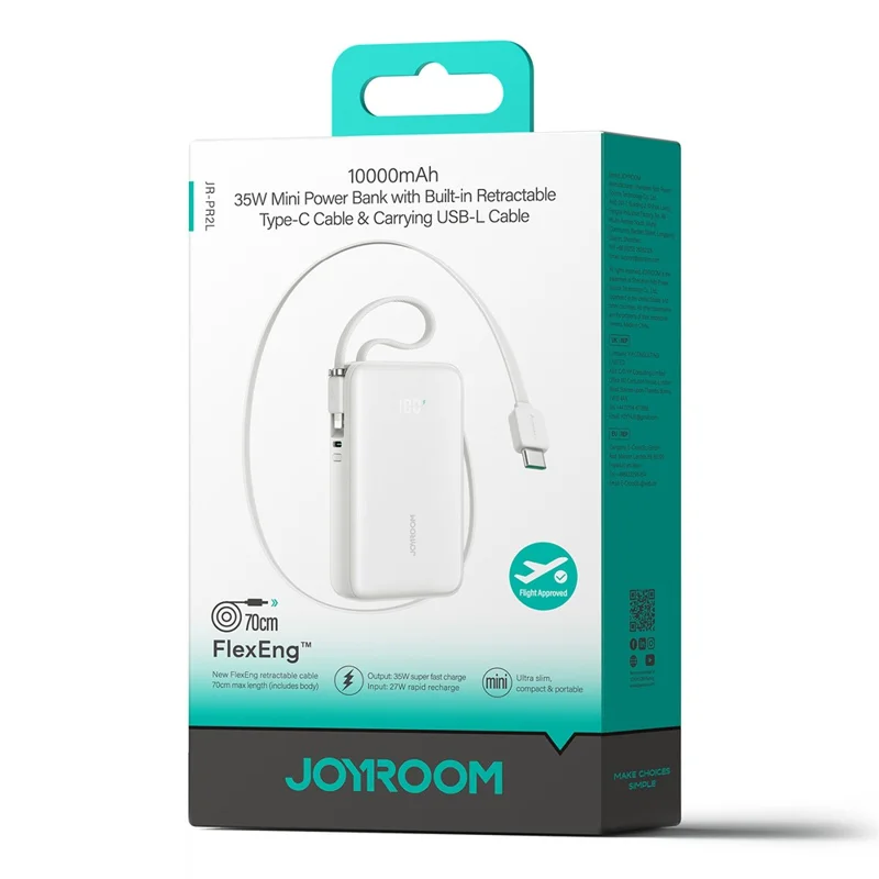 JOYROOM JR-PR2L 10000mAh Mini Power Bank 35W Fast Charging with Retractable iP + Type-C Cables Portable Charger - White