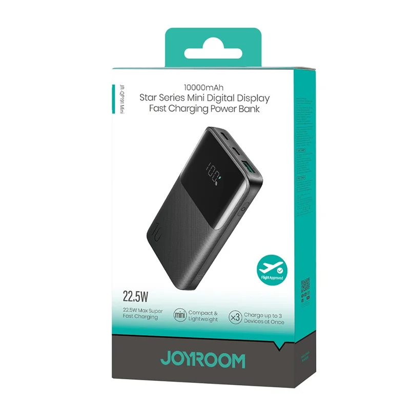 JOYROOM JR-QP191 10000mAh Mini Power Bank 22,5W Schnellaufladung Batterie Pack Dual Typ-C-Anschlüsse mit Smart LED Digital Display - Schwarz