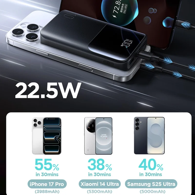 JOYROOM JR-QP191 10000mAh Mini Power Bank 22,5W Schnellaufladung Batterie Pack Dual Typ-C-Anschlüsse mit Smart LED Digital Display - Schwarz