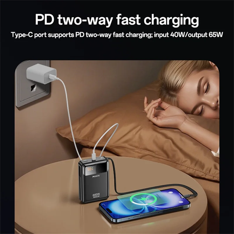 YESIDO YP97 20000mAh 65W Power Bank con cavo di ricarica USB-C a ricarica rapida Bidirezionale PD 3.0 Quick Charge