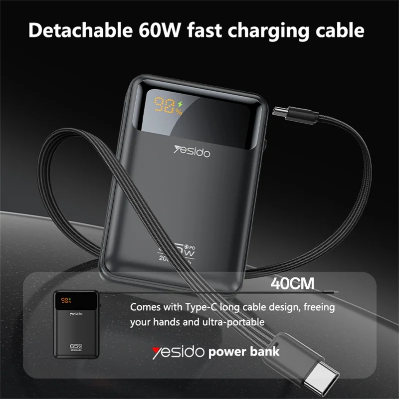 YESIDO YP97 20000mAh 65W Power Bank con cavo di ricarica USB-C a ricarica rapida Bidirezionale PD 3.0 Quick Charge