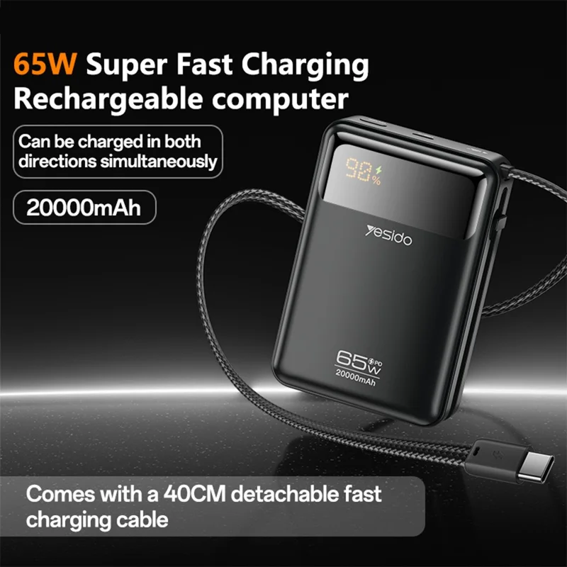 YESIDO YP97 20000mAh 65W Power Bank con cavo di ricarica USB-C a ricarica rapida Bidirezionale PD 3.0 Quick Charge