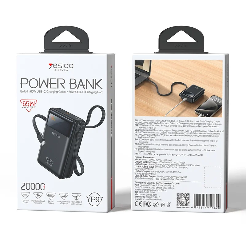 YESIDO YP97 20000mAh 65W Power Bank con cavo di ricarica USB-C a ricarica rapida Bidirezionale PD 3.0 Quick Charge