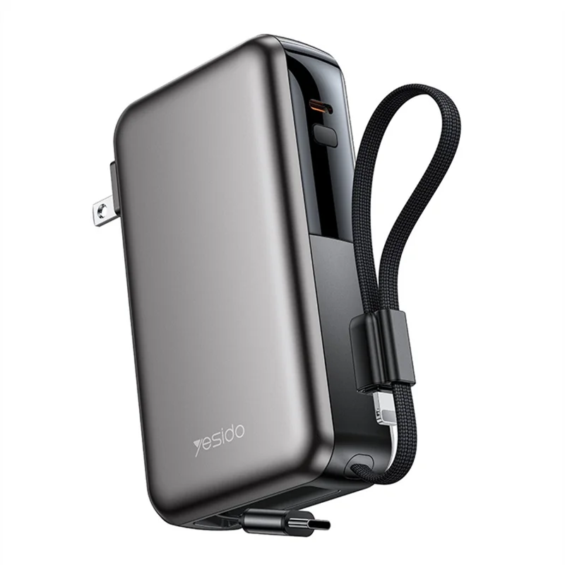 YESIDO YP90E 22.5W AC+DC Dual Mode Power Bank Built-in Retractable USB-C Cable Portable Battery Pack - Black  /  EU Plug