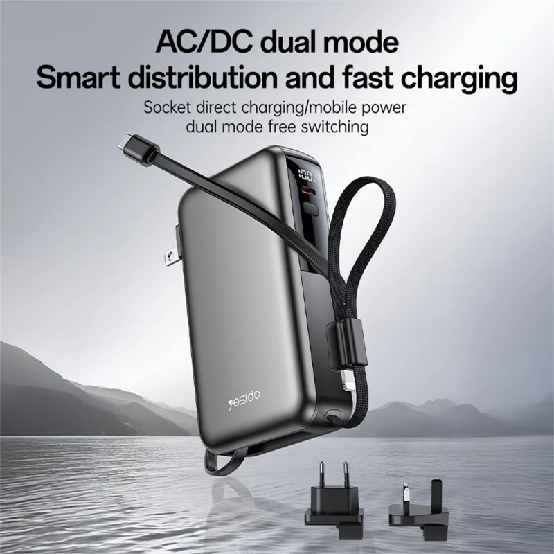 YESIDO YP90E 22.5W AC+DC Dual Mode Power Bank Built-in Retractable USB-C Cable Portable Battery Pack - Black  /  EU Plug
