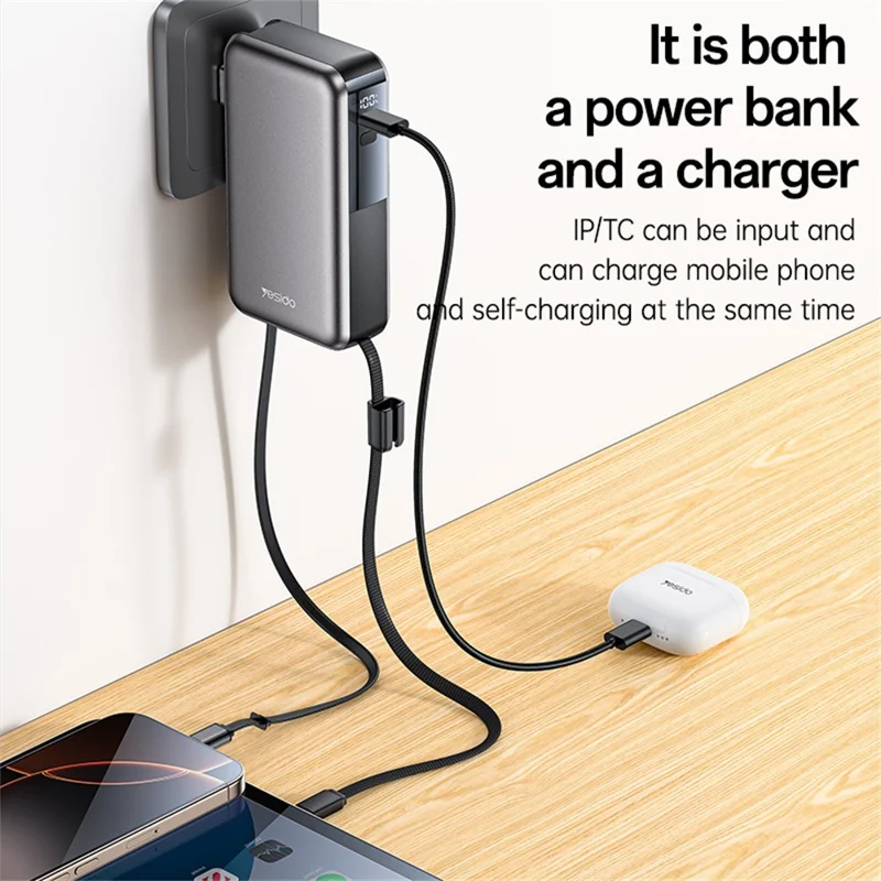 YESIDO YP90E 22.5W AC+DC Dual Mode Power Bank Built-in Retractable USB-C Cable Portable Battery Pack - Black  /  EU Plug