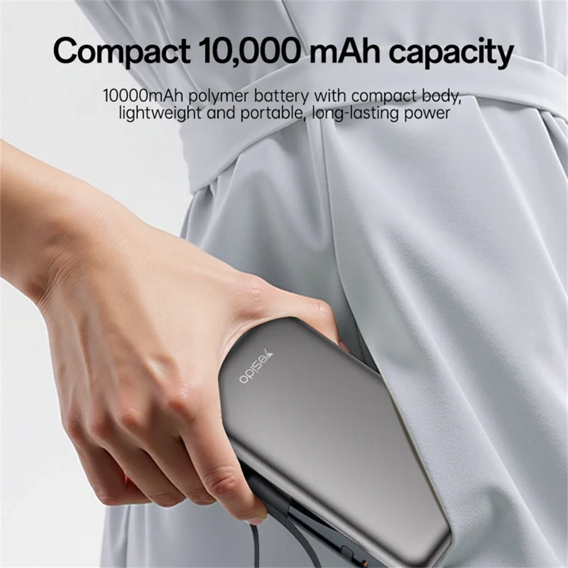 YESIDO YP90E 22.5W AC+DC Dual Mode Power Bank Built-in Retractable USB-C Cable Portable Battery Pack - Black  /  US Plug