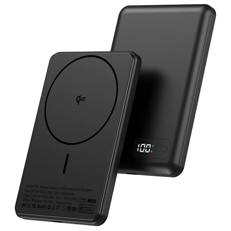 YF-P30 50000mAh باور بانك مغناطيسي بشحن لاسلكي 15 واط + شاحن سريع PD 30 واط - أسود