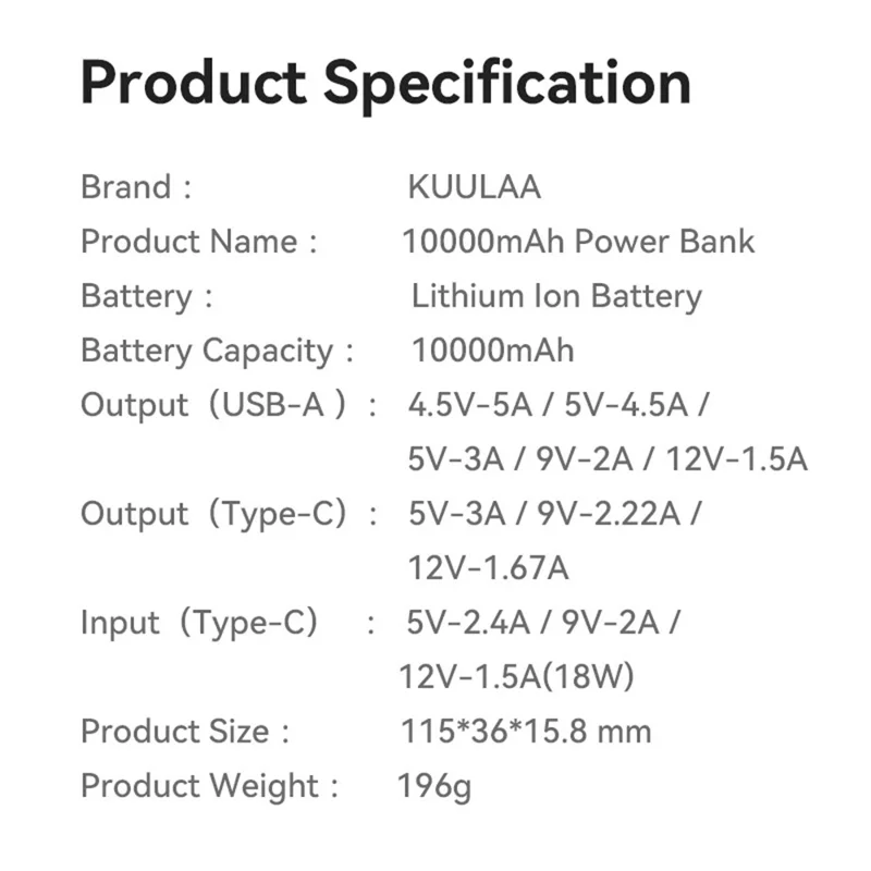 KUULAA MS-10 10000mAh Power Bank 22.5W Fast Charging Digital Display Portable Battery Pack