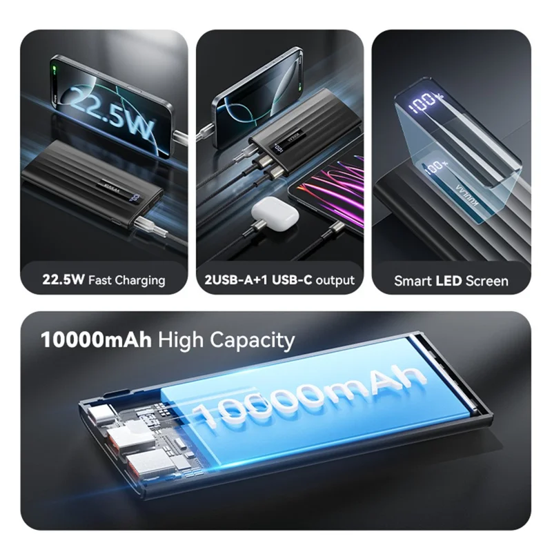 KUULAA KL-YD11 10000mAh Power Bank 22.5W Fast Charging Digital Display Portable Charger - Black